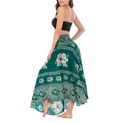 Mythstone Two Style Wear Bohemian Summer Elephant Lines Lace-up Skirt Dress