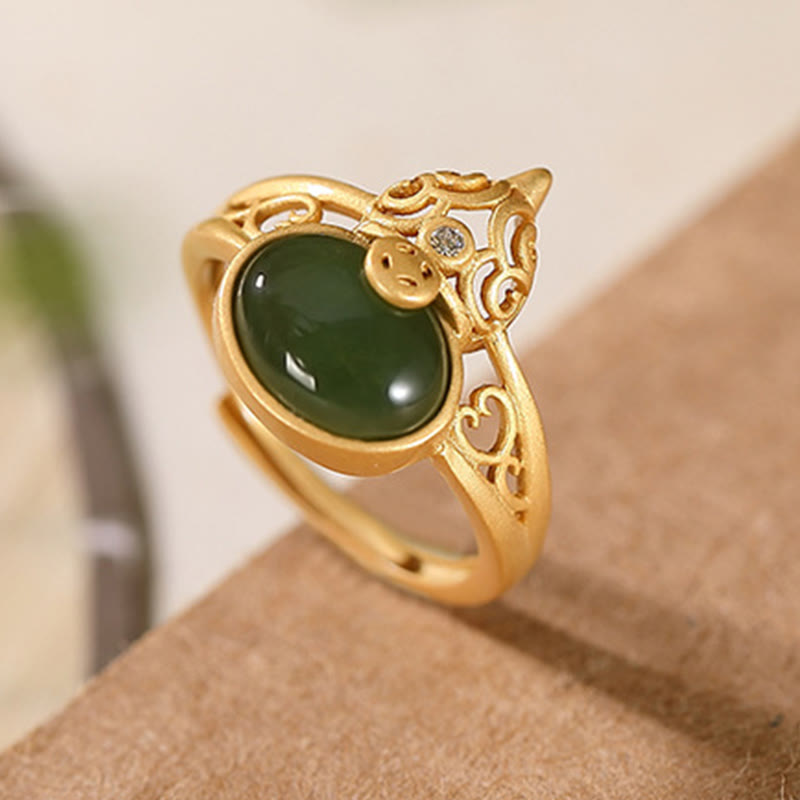 Anillo ajustable con piedra mitológica, calabaza, jade cian, moneda de cobre, suerte y éxito