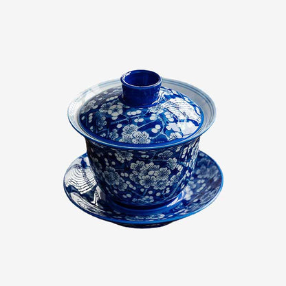 Mythstone Plum Blossom Blue And White Porcelain Ceramic Gaiwan Sancai Teacup Kung Fu Tea Cup And Saucer With Lid 185ml