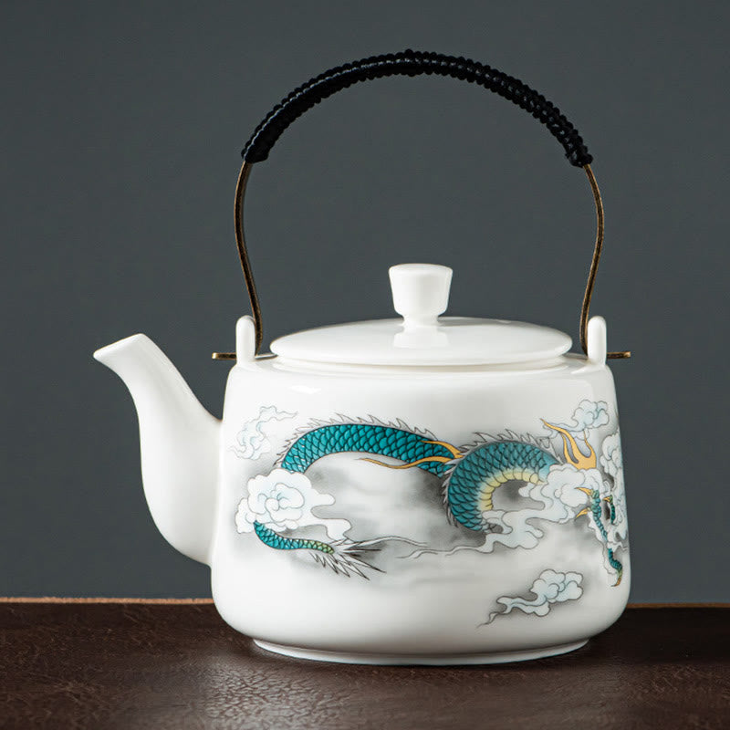 Mythstone Vintage Dragon Mountain Fisherman Landscape White Porcelain Ceramic Kung Fu Teapot