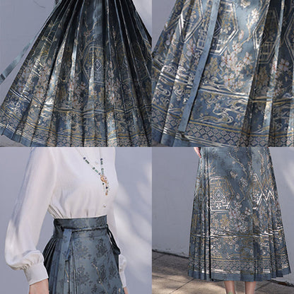 Mythstone Chinese Hanfu Blue Patio Plum Blossoms Printed Horse Face Skirt Mamianqun