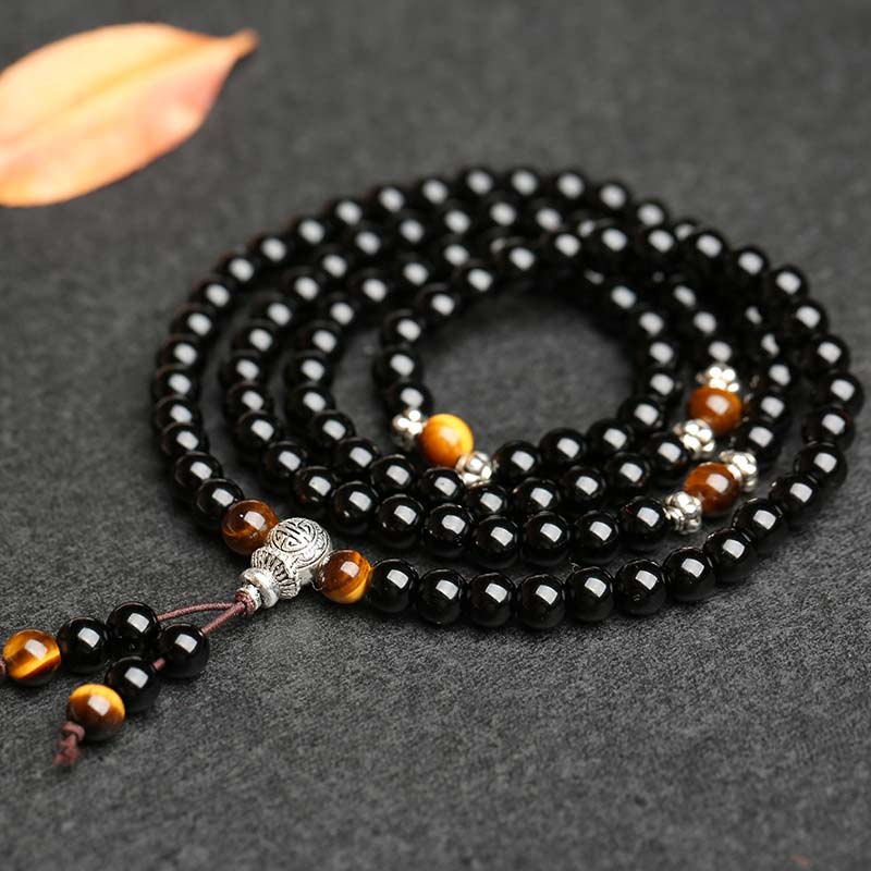 MythStone Black Obsidian Tiger Eye Blessing Mala Bracelet