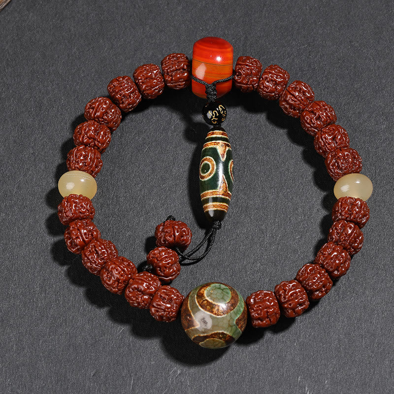 Mythstone Tibet Rudraksha Bodhi Seed Dzi Bead Lucky Cat Dancing Lion Wealth Bracelet Wrist Mala