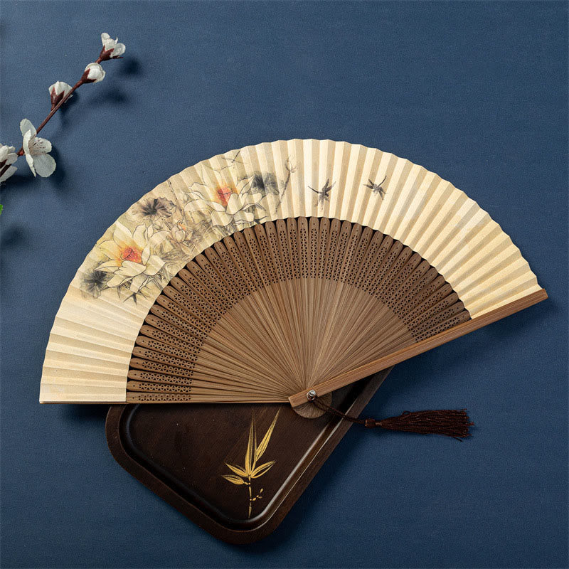 Mythstone Lotus Dragonfly Wild Geese Plum Blossom Handheld Silk Bamboo Folding Fan 22.5cm