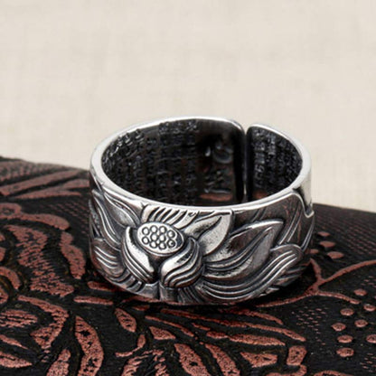 Mythstone 999 Sterling Silver Lotus Symbol Heart Sutra Protection Ring