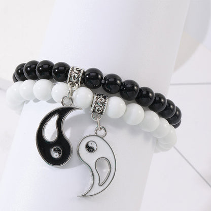 Pulsera de pareja con protección Yin Yang y cuentas de turquesa blanca y ónix negro de MythStone, 2 piezas 