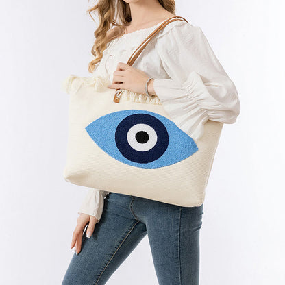 Mythstone Large Capacity Evil Eye Leaf Hamsa Tassel Canvas Tote Shoulder Bag