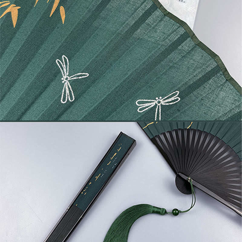 Mythstone Bamboo Koi Fish Crane Handheld Cotton Linen Folding Fan