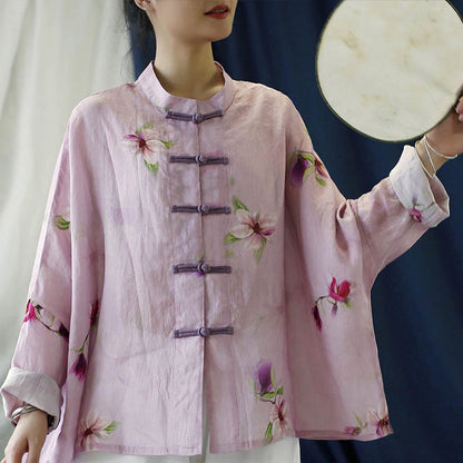 Mythstone Pink Flower Print Frog-button Design Batwing Long Sleeve Ramie Linen Jacket Shirt