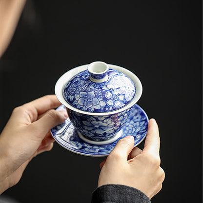 Mythstone Vintage Blue And White Porcelain Ceramic Gaiwan Sancai Teacup Kung Fu Tea Cup And Saucer With Lid