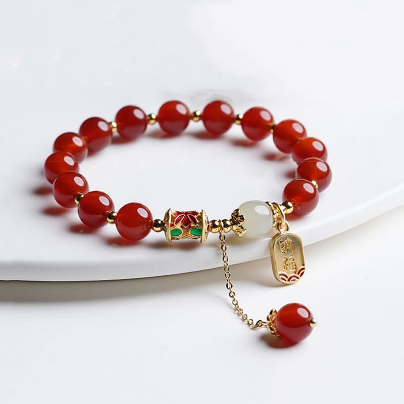 Mythstone Natural Red Agate Hetian Jade Fu Character Confidence Charm Bracelet