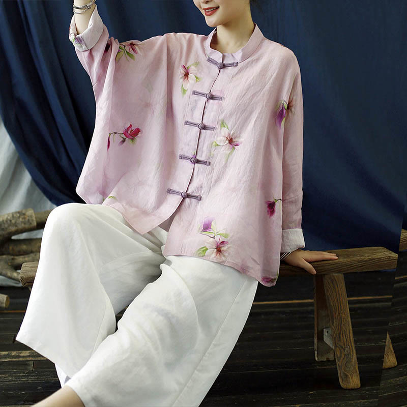 Mythstone Pink Flower Print Frog-button Design Batwing Long Sleeve Ramie Linen Jacket Shirt