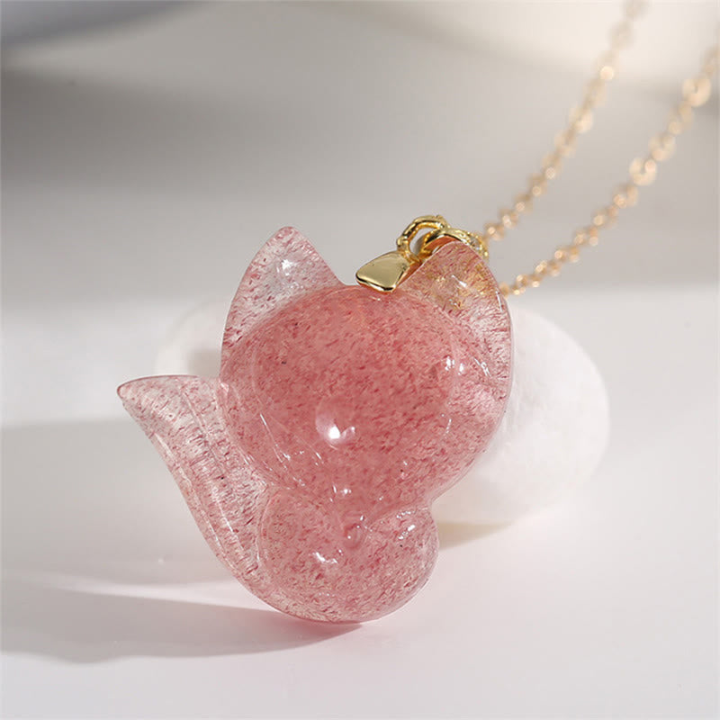 Mythstone 14k Gold Plated 925 Sterling Silver Strawberry Quartz Fox Healing Necklace Pendant