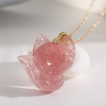 Mythstone 14k Gold Plated 925 Sterling Silver Strawberry Quartz Fox Healing Necklace Pendant