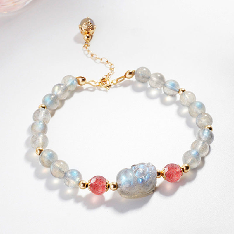 Mythstone Moonstone Strawberry Quartz PiXiu Healing Bracelet