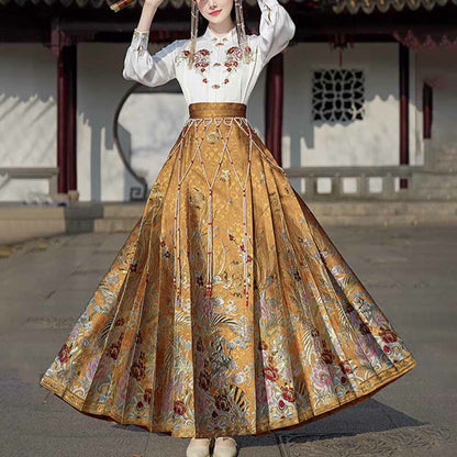 Mythstone Golden Flower Phoenix Embroidery Long Sleeve Shirt Top Chinese Hanfu Ming Dynasty Horse Face Skirt Mamianqun Skirt