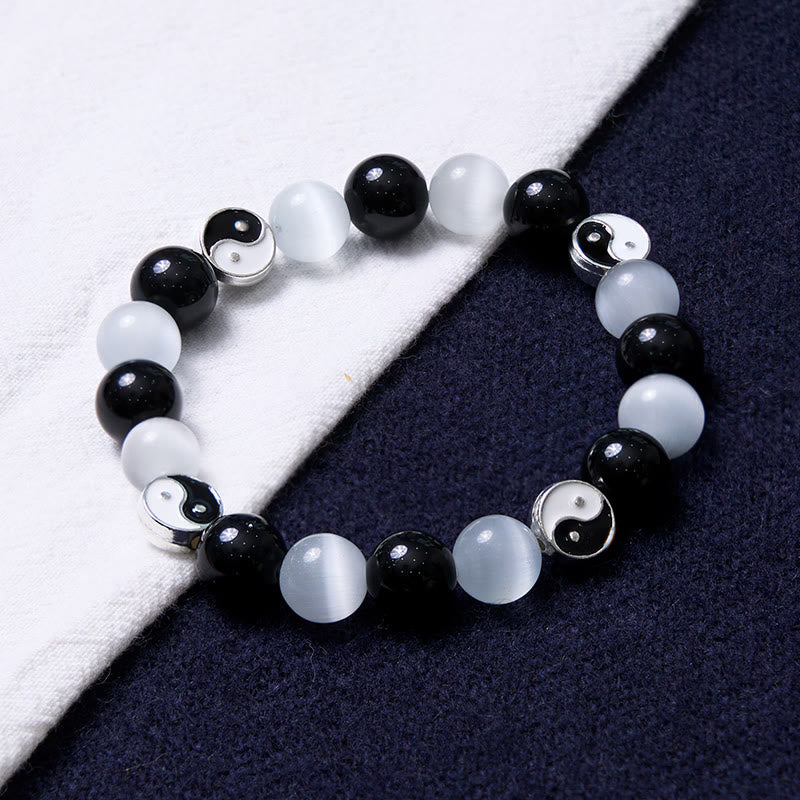 Mythstone Black Obsidian Cat's Eye Yin Yang Purification Strength Bracelet