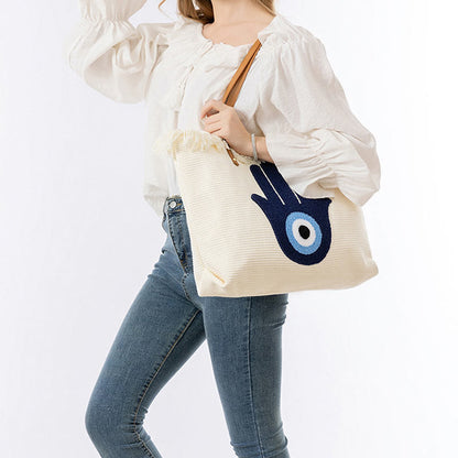 Mythstone Large Capacity Evil Eye Leaf Hamsa Tassel Canvas Tote Shoulder Bag