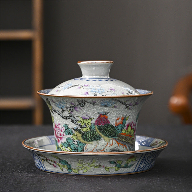 Mythstone Jingdezhen Dragon Phoenix Pavilion Pine Flower Ceramic Gaiwan Sancai Teacup Kung Fu Tea Cup And Saucer With Lid 170ml