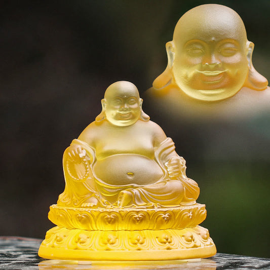 Mythstone Handmade Laughing Buddha Figurine Liuli Crystal Art Piece Wealth Statue Home Decoration