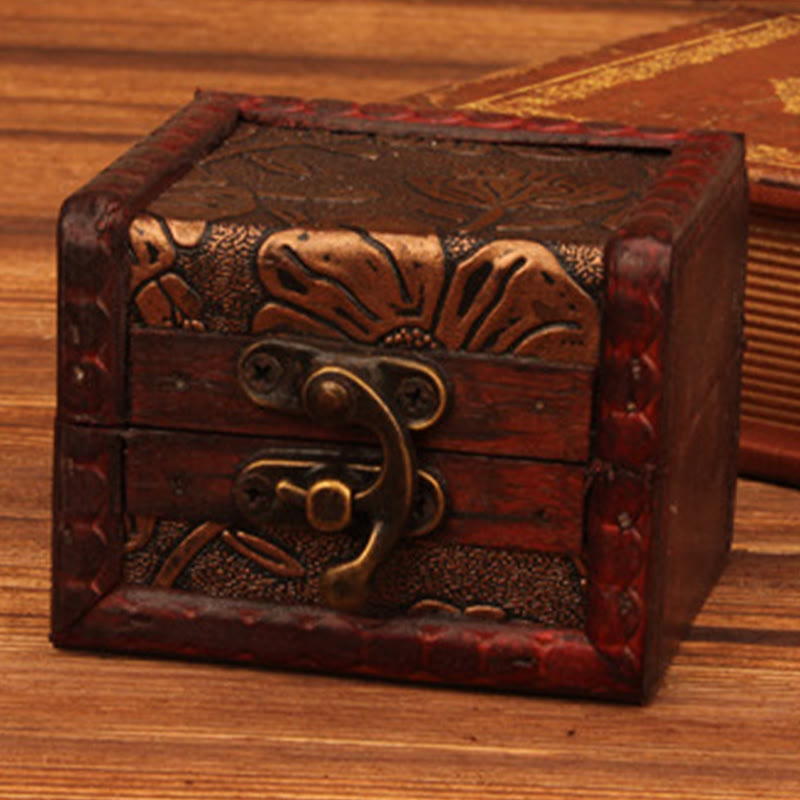 Mythstone Retro Small Square Wood Jewelry Box Lotus Grass Flower Grape Copper Coin Daffodil Jewelry Storage Box