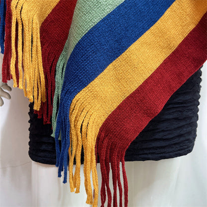 Mythstone Tibetan Colorful Striped Design Shawl Tassels Pullover Winter Cozy Travel Scarf Wrap