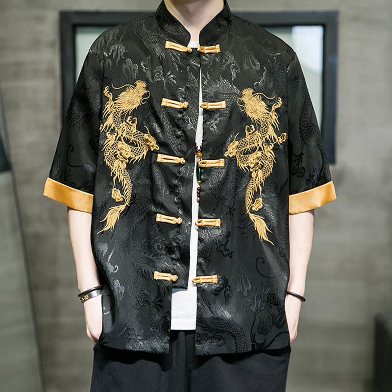 Mythstone Frog-Button Chinese Dragon Embroidery Half Sleeve Shirt Linen Men Clothing