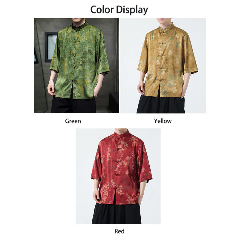 Mythstone Bamboo Leaves Pattern Chinese Half Sleeve Shirt Men T-shirt