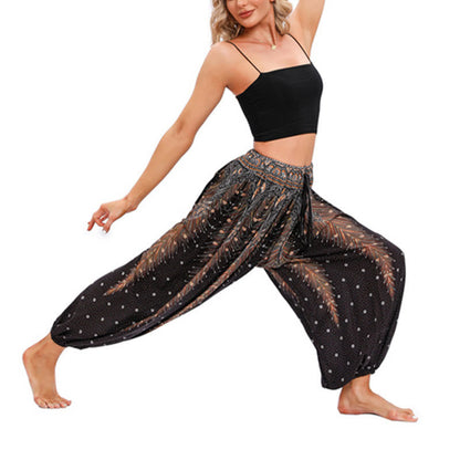 Mythstone Peacock Feather Pattern Loose Harem Trousers Women's Yoga Pants