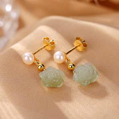 Mythstone 925 Sterling Silver Plated Gold Jade Rose Flower Cyan Jade Pearl Luck Earrings