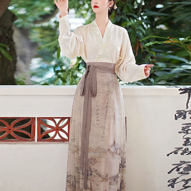 Mythstone V-Neck Long Sleeve Shirt Top Chinese Hanfu Ink Printing Landscape-Printed Horse Face Skirt Mamianqun