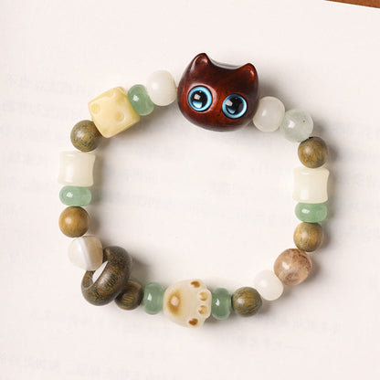 Pulsera de la paz con garra y cabeza de gato y hoja pequeña de sándalo rojo y madera de ébano con semilla de Bodhi y piedra mitológica