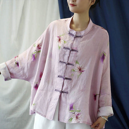 Mythstone Pink Flower Print Frog-button Design Batwing Long Sleeve Ramie Linen Jacket Shirt