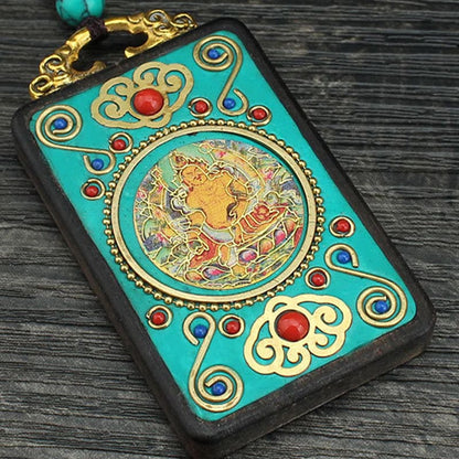 Mythstone Tibet God Of Wealth Money Tree Golden Phoenix Thangka Ebony Peace Necklace Pendant