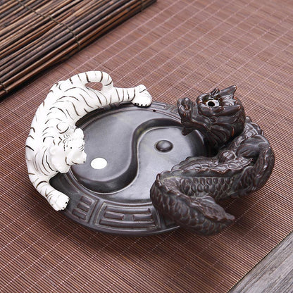 Mythstone Tiger Dragon Backflow Smoke Fountain Ceramic Yin Yang Blessing Incense Burner Decoration