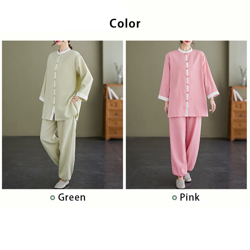 Mythstone 2Pcs Vintage Long Sleeve Shirt Top Pants Meditation Zen Tai Chi Cotton Linen Clothing Women's Set