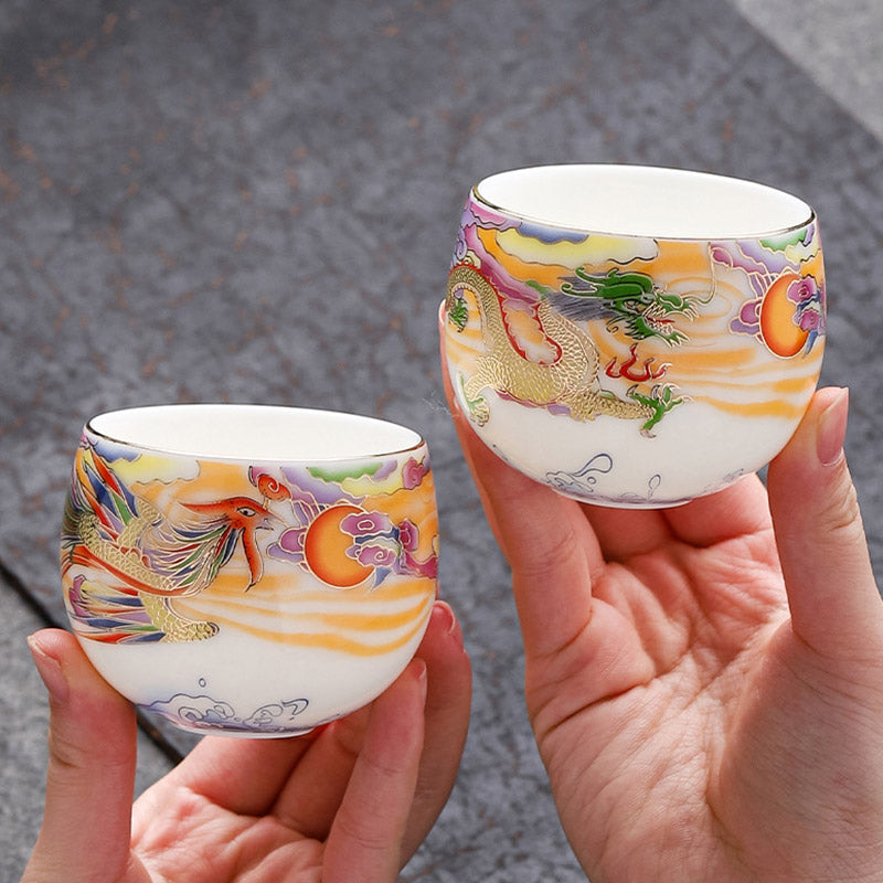 Mythstone Dragon Phoenix Auspicious Clouds Sun Ocean Waves Ceramic Teacup Kung Fu Tea Cup