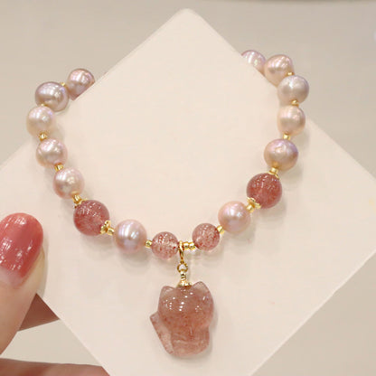 Mythstone Natural Pearl Strawberry Quartz Cute Fox Love Healing Charm Bracelet