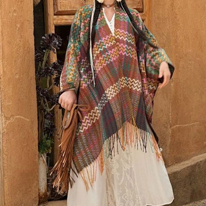 Mythstone Tibetan Shawl Colorful Wavy Striped Shapes Tassels Winter Cozy Travel Scarf Wrap