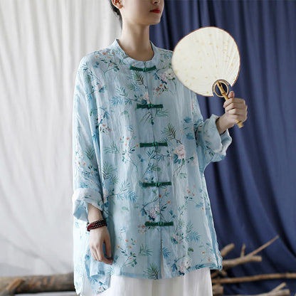 Mythstone Light Green Pink Flowers Green Leaves Frog-Button Long Sleeve Ramie Linen Jacket Shirt