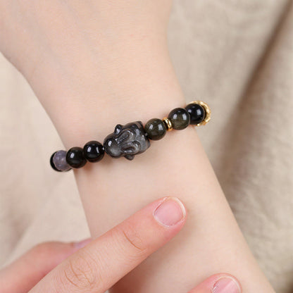 Mythstone Gold Sheen Obsidian Black Obsidian Silver Sheen Obsidian Cute Rabbit Protection Bracelet