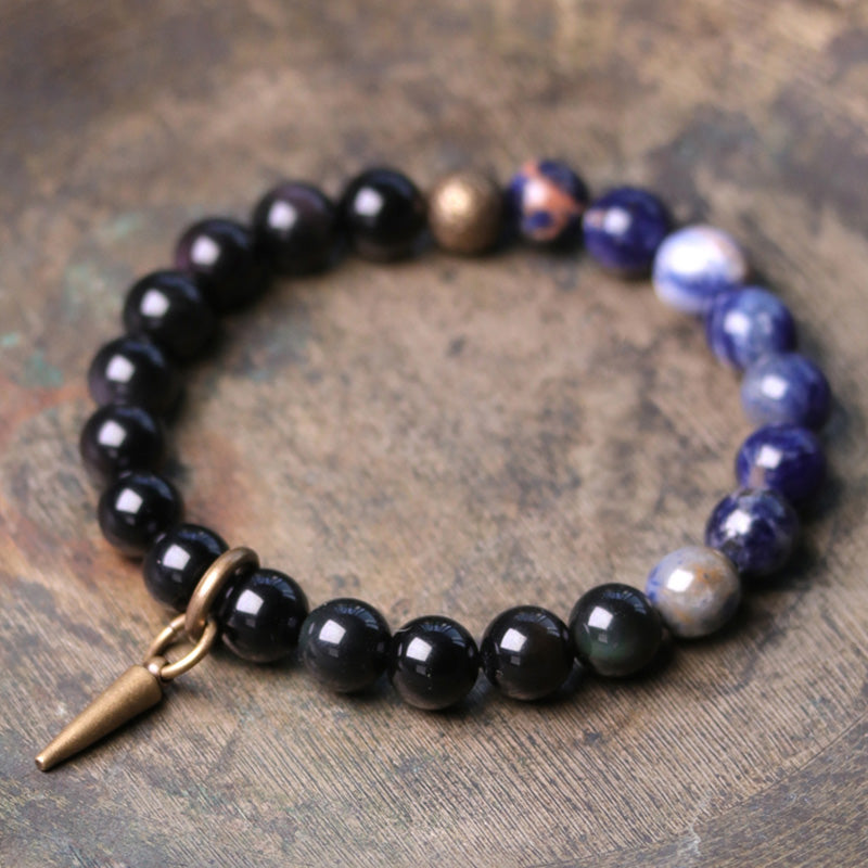 Mythstone Black Obsidian Sodalite Crystal Copper Strength Couple Bracelet