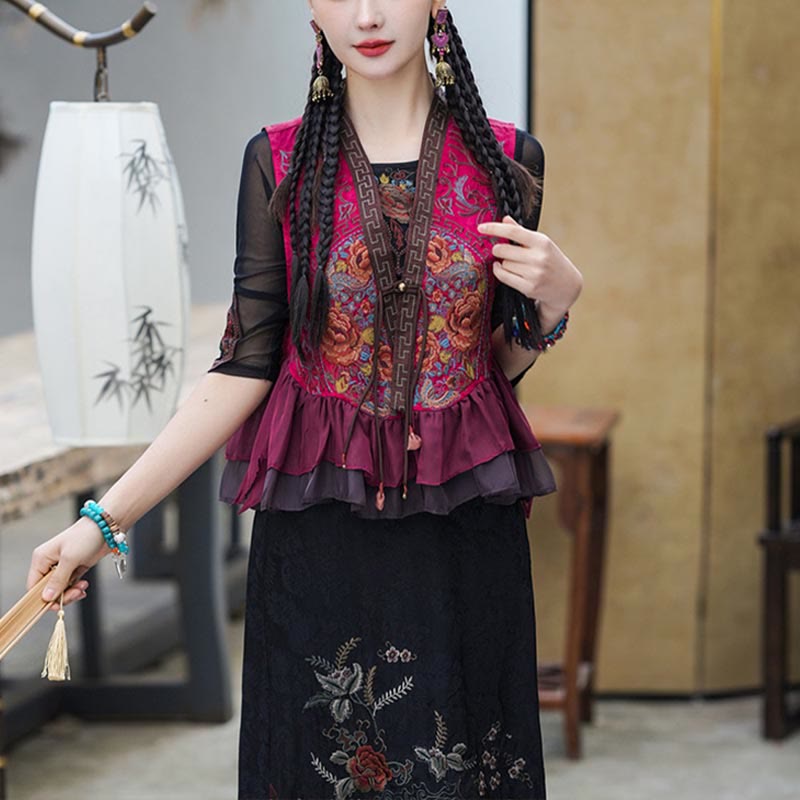 Mythstone Vintage Peony Flowers Embroidery Design Sleeveless Vest