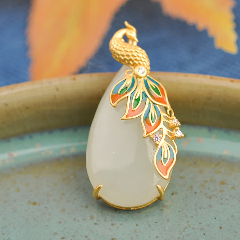 Mythstone White Jade Peacock Protection Necklace Chain Pendant