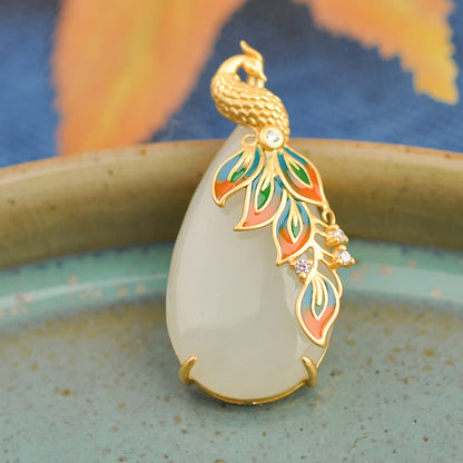 Mythstone White Jade Peacock Protection Necklace Chain Pendant