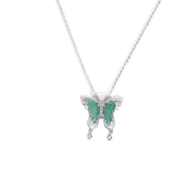 Mythstone 925 Sterling Silver Green Jade Butterfly Luck Necklace Pendant