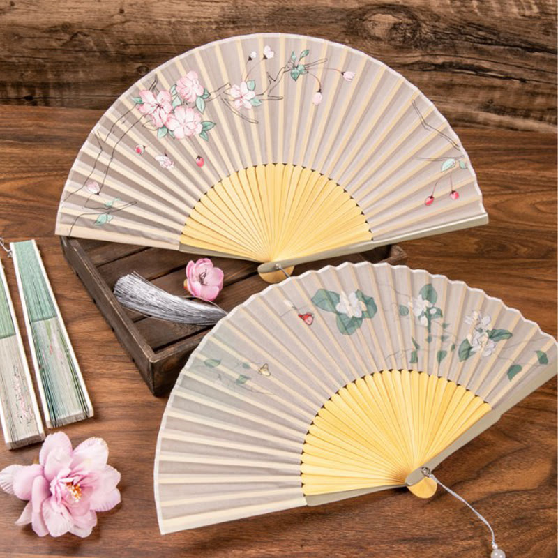 Mythstone Jasmine Lotus Begonia Flowers Handheld Bamboo Folding Fan