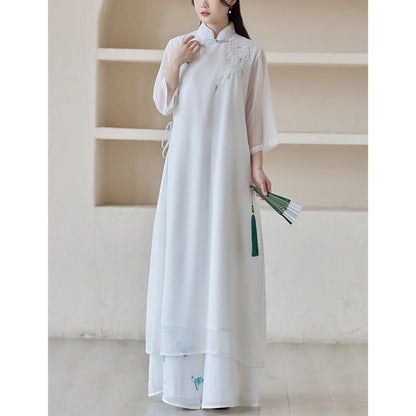 Mythstone Bamboo Cheongsam Dress Midi Dress Wide Leg Pants Meditation Spiritual Zen Practice Clothing