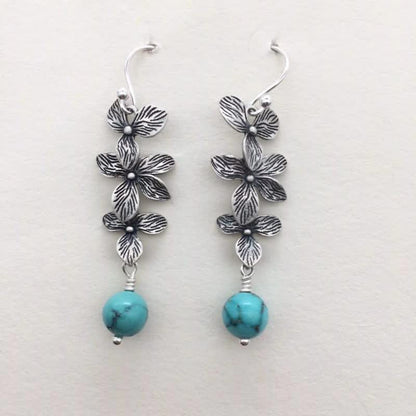 Mythstone 925 Sterling Silver Turquoise Lazurite Flower Leaf Serenity Protection Hook Drop Dangle Earrings