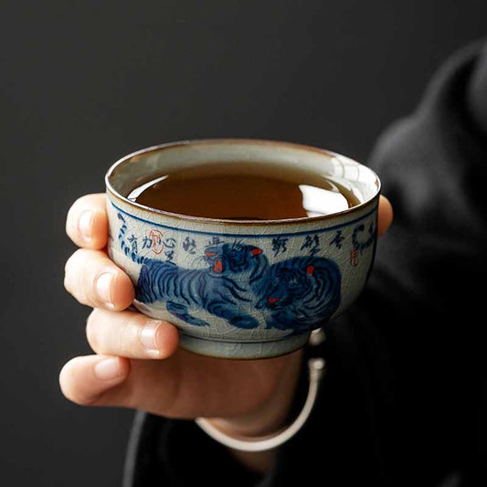 Mythstone Jingdezhen Hand Painted Cute Tiger Ceramic Teacup Kung Fu Tea Cup Bowl 140ml